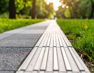 A textured walking path with a guiding line is shown in a natural setting, assisting visually impaired individuals.