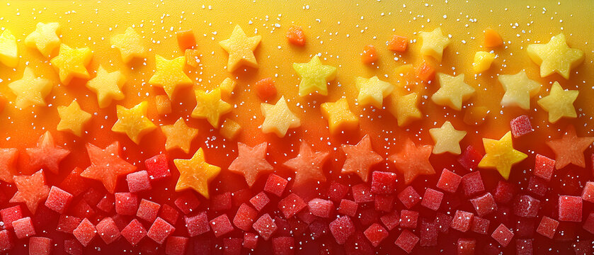 A row of orange and red stars with a yellow background