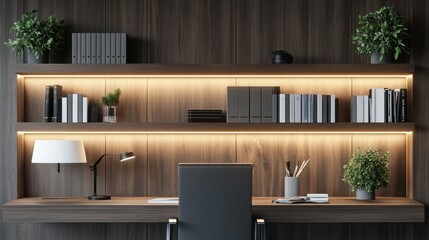 Modern home office with wooden shelves and desk