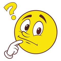 Bright yellow vector emoji of a thinking face with a hand on its chin, looking upwards thoughtfully. Represents pondering, contemplation, or considering an idea.