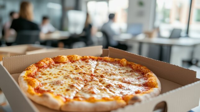 Pizza in box on office background close-up - office pizza delivery