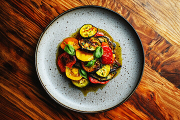 A colorful ratatouille presents an array of sliced vegetables, including zucchini and bell peppers, arranged artfully in a rustic bowl. Fresh herbs enhance the dish