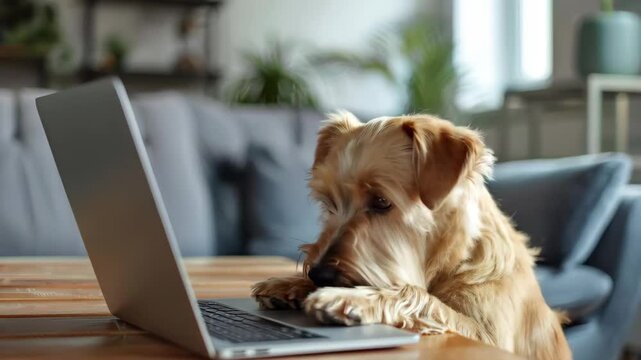 Dog terrier breed is sitting on a chair and working on laptop inside an apartment. 