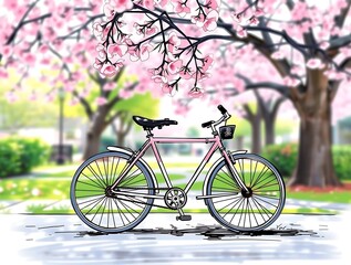 Fototapeta premium Pink Bicycle Spring Blossom Park.