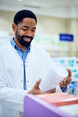 Pharmacist Reviewing Product Details in a Bright Modern Pharmacy Setting