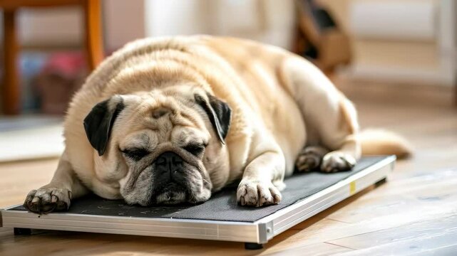 The pug dog is overweight. He lies on the scales and sighs. 