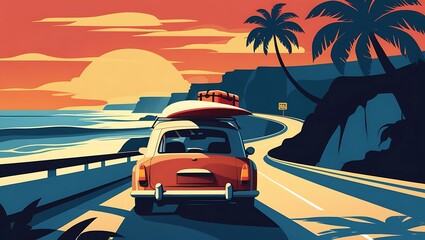 Coastal Road Trip Vintage Car Adventure at Sunset