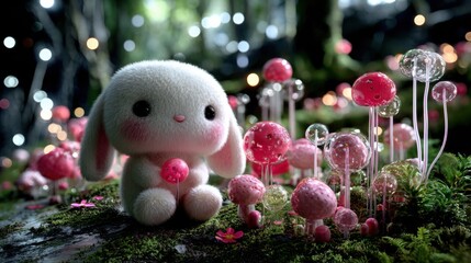 Obraz premium Cute bunny character surrounded by colorful mushrooms in enchanted forest digital art whimsical concept