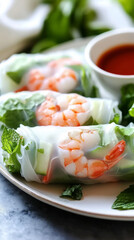 Fresh spring rolls filled with shrimp, lettuce, and herbs are artfully placed on a plate, accompanied by a small bowl of dipping sauce in a delightful dining atmosphere