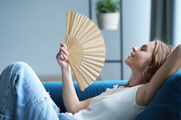A young woman lies back on a couch, using a wooden folding fan to cool herself, conveying heat relief and relaxation in a casual indoor setting.