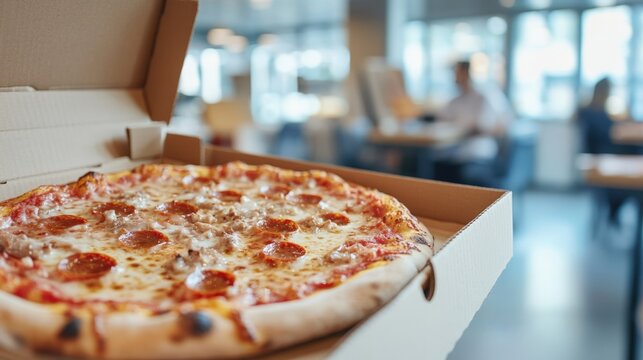 Pizza in box on office background close-up - office pizza delivery - Powered by Adobe