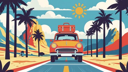 Obraz premium Vintage Car Road Trip Sunny Coastline Adventure Illustration
