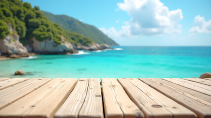 Fototapeta premium High-angle close-up of a rustic wooden tabletop illuminated by soft sunlight, overlooking a blurry coastal view with sparkling ocean, rocky shore, lush hills, and serene blue sky.