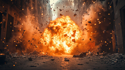 Explosion fire bomb destruction war zone cityscape debris powerful blast danger aftermath disaster scene