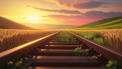 Fototapeta premium Railway tracks stretch through golden fields to a sunset, with rolling green hills and colorful skies.