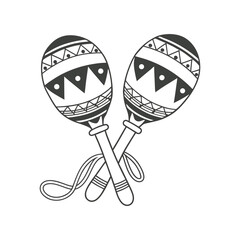 A pair of detailed hand-drawn monochrome maracas with ethnic patterns. National symbol of Mexico. Black and white illustration.