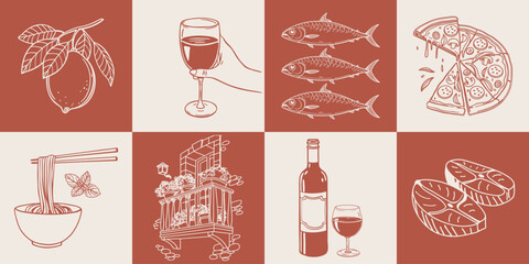 Collection of hand drawn posters with Italian food and summer elements. Pasta, seafood, pizza, lemons and wine. Mediterranean set. Sketch illustration.