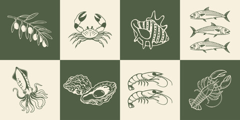 Collection of hand drawn posters with Italian food and summer elements. Oysters, seafood, olive, lobster. Mediterranean set. Line art style illustration.