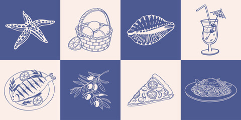 Collection of hand drawn posters with Italian food and summer elements. Seafood, pizza, lemons, olive, lobster. Mediterranean set. Line art style illustration.