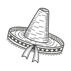 Hand drawn monochrome mexican sombrero hat with ethnic patterns. National symbol of Mexico. Sketch illustration.