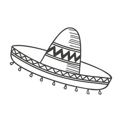 Hand drawn monochrome mexican sombrero hat with ethnic patterns. National symbol of Mexico. Sketch illustration.