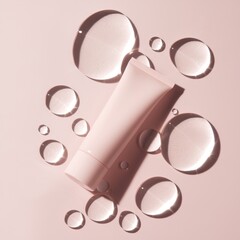 Pink moisturizer tube with water drops on pink background