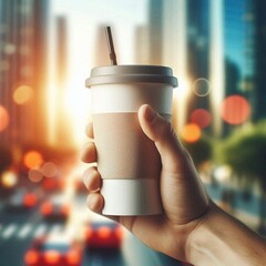 Eco-Friendly Coffee Moment Captured in Vertical Format with Clean Aesthetic and Blurred City Background in Sunlight