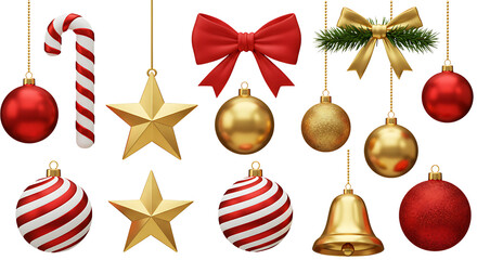 Festive christmas ornaments isolated on white background, featuring red and gold baubles, stars, a candy cane, a bell, and bows
