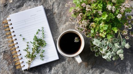 Morning coffee ritual with a notebook and fresh herbs on a stone surface