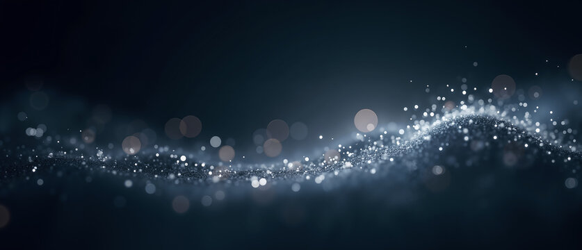 An elegant abstract background with shimmering silver particles softly floating across deep dark tones, evoking a cool, sophisticated, ethereal, and luxurious atmosphere.