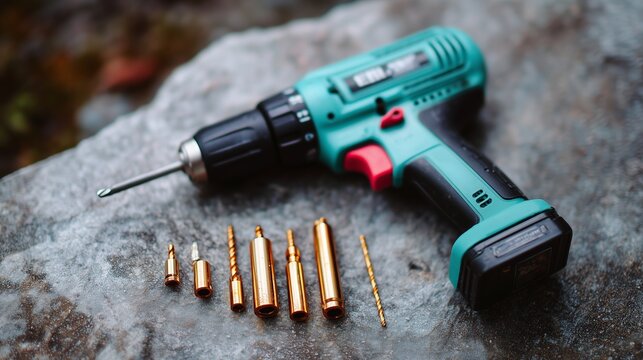 Electric drill and various drill bits arranged on stone surface in outdoor setting for DIY projects and repairs