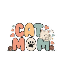 Cat Mom Cute Illustration with Colorful Typography, Smiling Cat, Hearts and Yarn Ball Graphic Design for Apparel, Stickers, Posters, Merchandising and Digital Social Media Posts