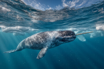 A realistic underwater view of a narwhal gliding through the Arctic sea. 