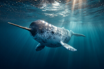 A realistic underwater view of a narwhal gliding through the Arctic sea. 