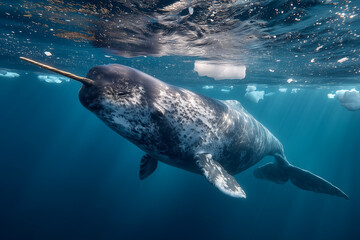 A realistic underwater view of a narwhal gliding through the Arctic sea. 