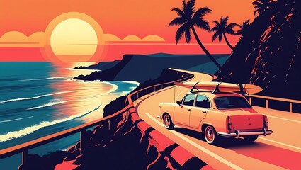 Sunset Coastal Drive Classic Car, Palm Trees, Ocean View Illustration