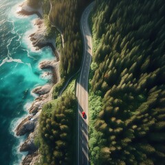 Highly Detailed Landscape Captured from Above Showing a Curving Road by the Sea with Dense Foliage and Clear Water