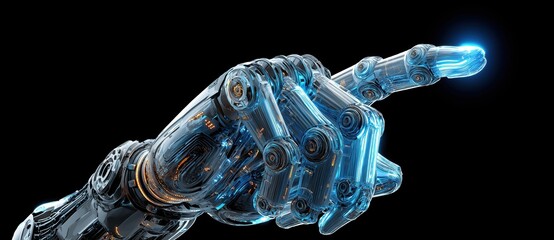 Translucent robotic hand pointing with glowing blue accents