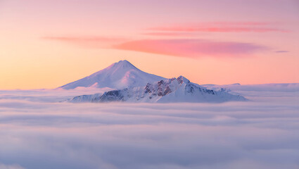 Winter sunrise over the snow-capped peaks of Mount Hood in Oregon, a breathtaking mountain landscape