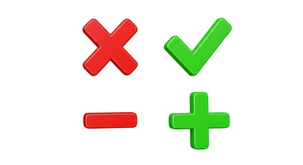 Obraz premium Red cross and minus, green check and plus isolated on white background