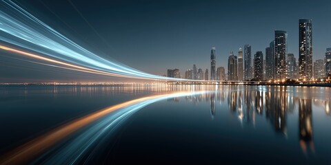 Fototapeta premium Elegant panoramic view of modern skyscrapers reflecting on smooth water surface