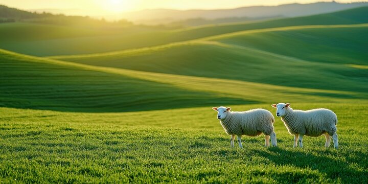 Lush green hills, two sheep at sunset