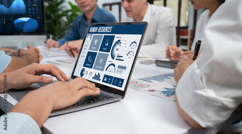 Aufkleber human resources management software on computer screen helping human resources employee to manage re