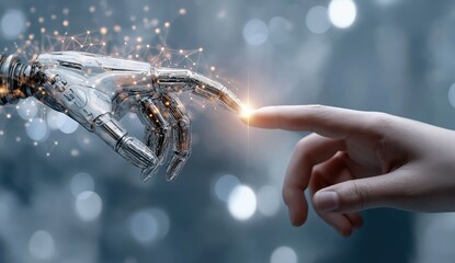 Human hand and robotic hand connecting through technology