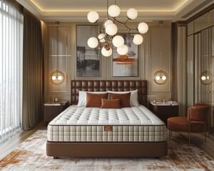 Luxurious bedroom features a king-sized bed with brown leather headboard and tufted mattress, accented with warm lighting and decor