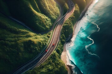 Midday Drone Shot of a Scenic Forest-Coast Highway with One Red Vehicle and Sunlit Ocean Shoreline