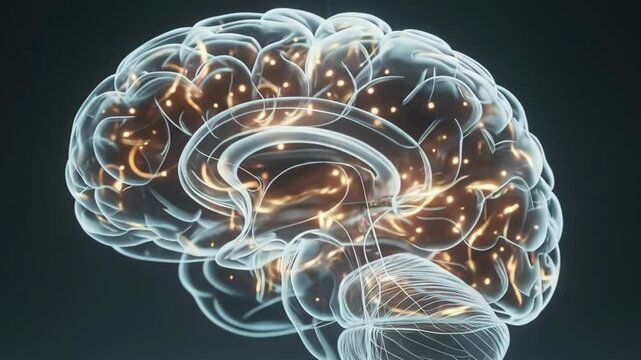 3D digital brain model glowing with neural connections on dark background, representing neuroscience and technology - Powered by Adobe