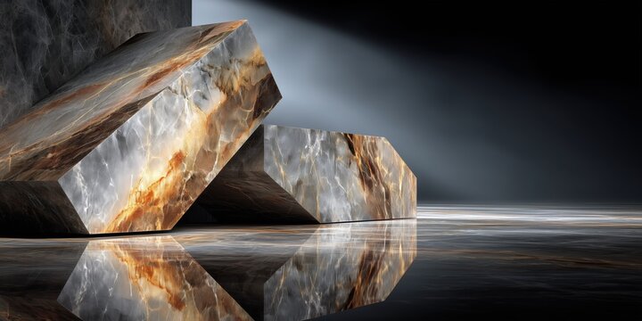 Elegant composition showcasing angular marble blocks with rich veining and warm golden highlights
