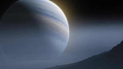 Alien planet landscape with gas giant in the misty twilight sky, rocky terrain in the foreground, mysterious and serene outer space environment - Powered by Adobe