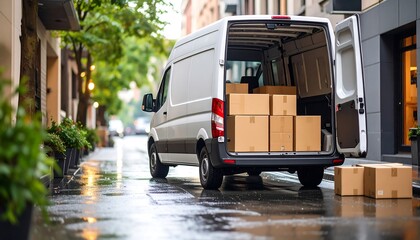 Moving van on wet street